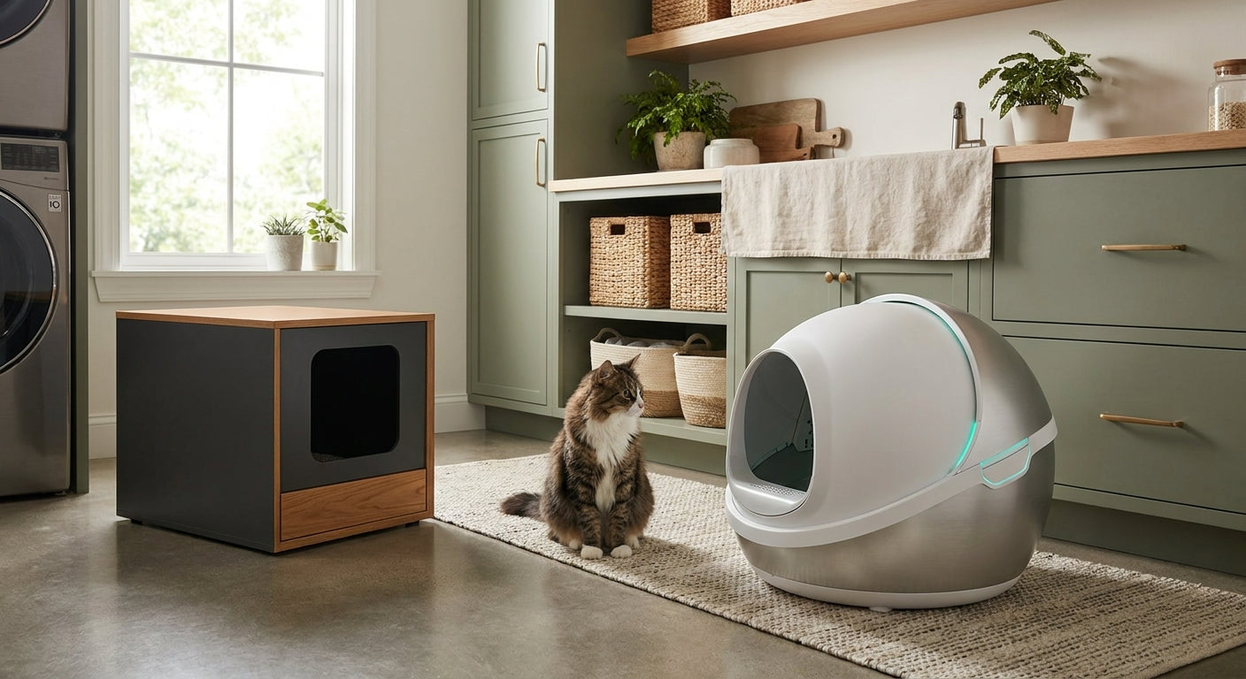 A curious fluffy cat sits in a warmly lit modern room, looking between a traditional enclosed litter box and a sleek futuristic smart litter box.