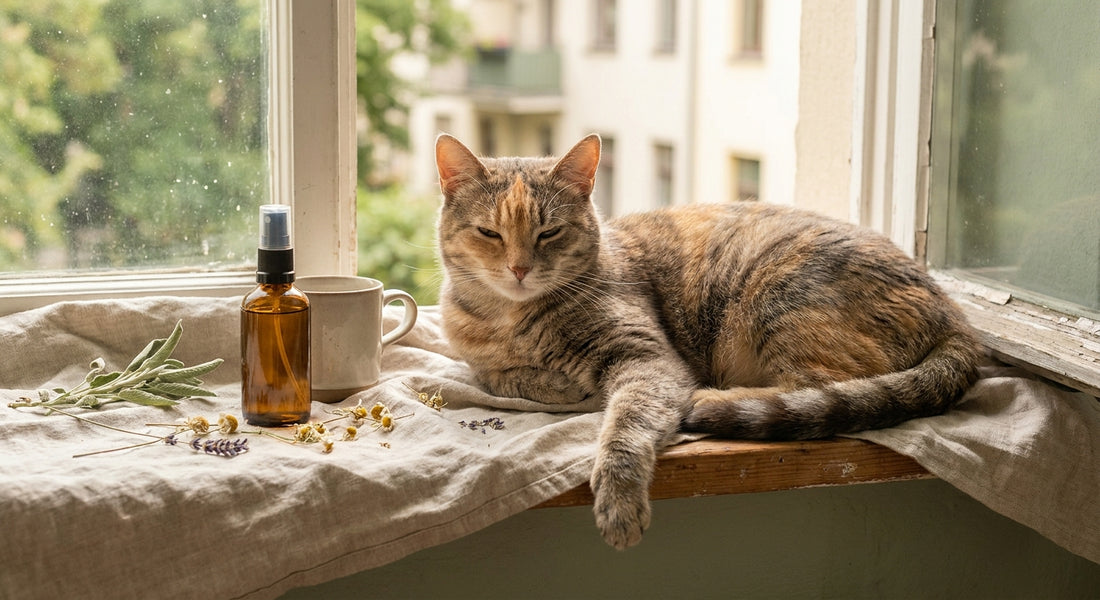 A relaxed tabby cat lounging peacefully on a sunny windowsill beside a small amber spray bottle and scattered dried herbs.