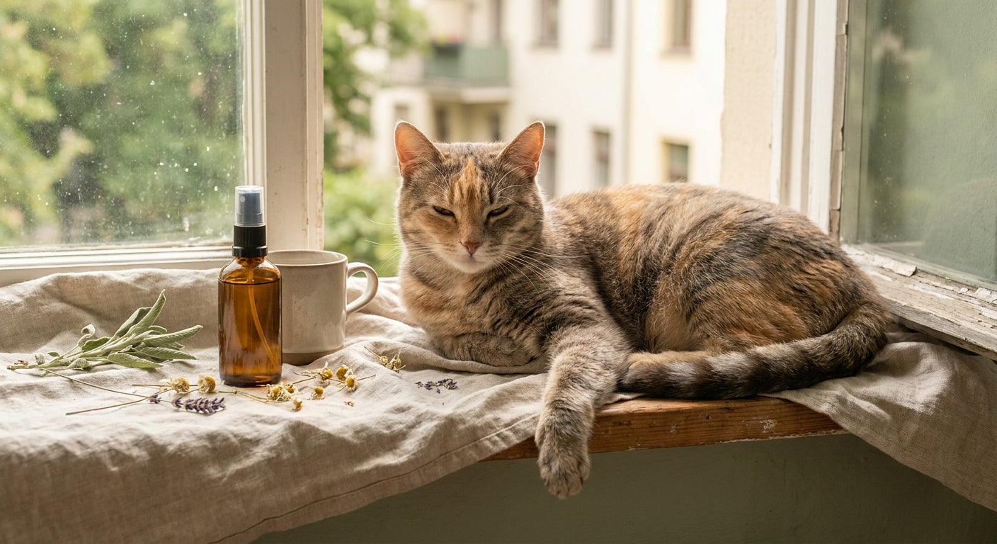 A relaxed tabby cat lounging peacefully on a sunny windowsill beside a small amber spray bottle and scattered dried herbs.
