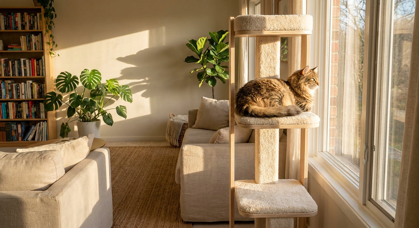 A relaxed tabby cat resting on a modern multi-level cat tree beside a sunny living room window, bathed in warm afternoon light.