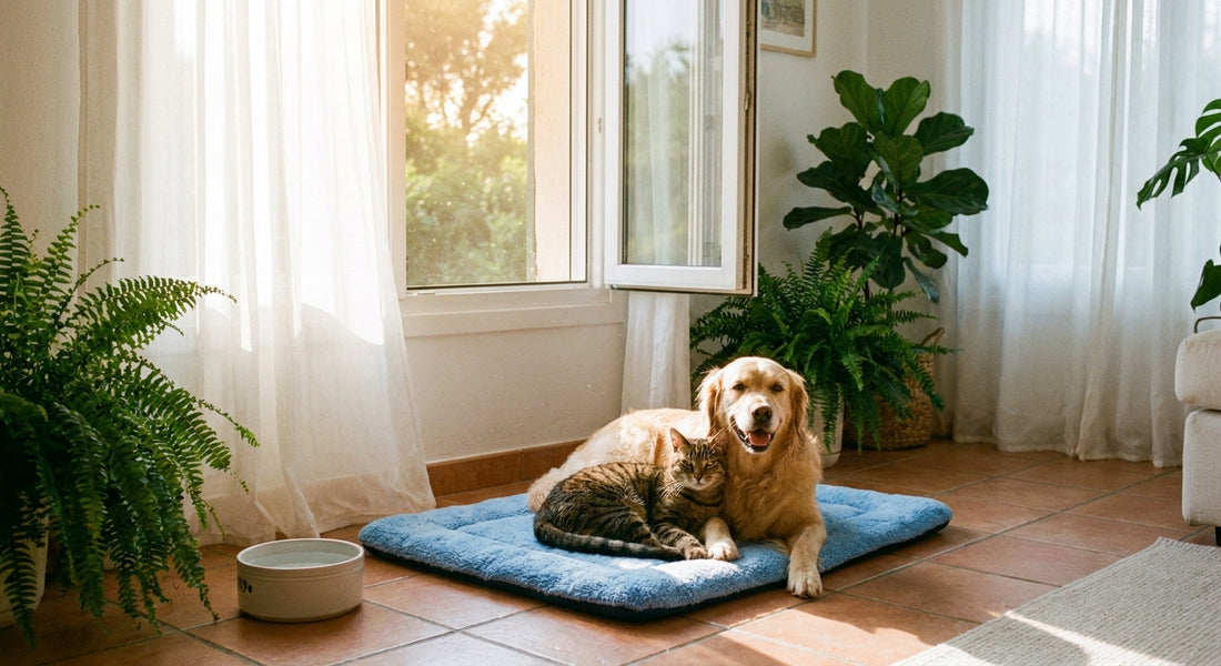 A relaxed cat and golden retriever lounging together in a sunlit, breezy living room on a cooling mat during a warm summer day.