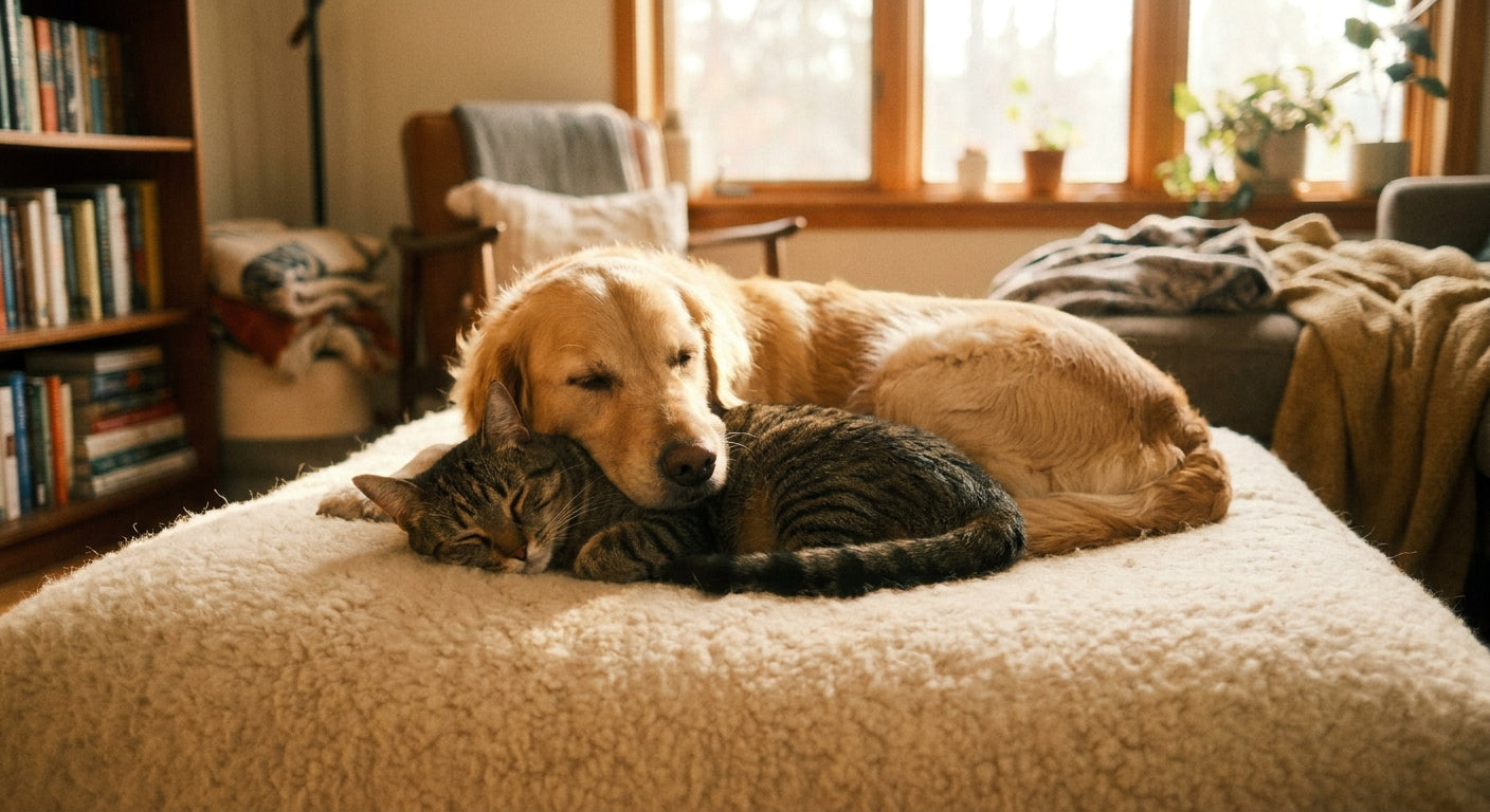 A golden retriever and a tabby cat lying peacefully together on a soft cushion in warm, cozy indoor lighting.