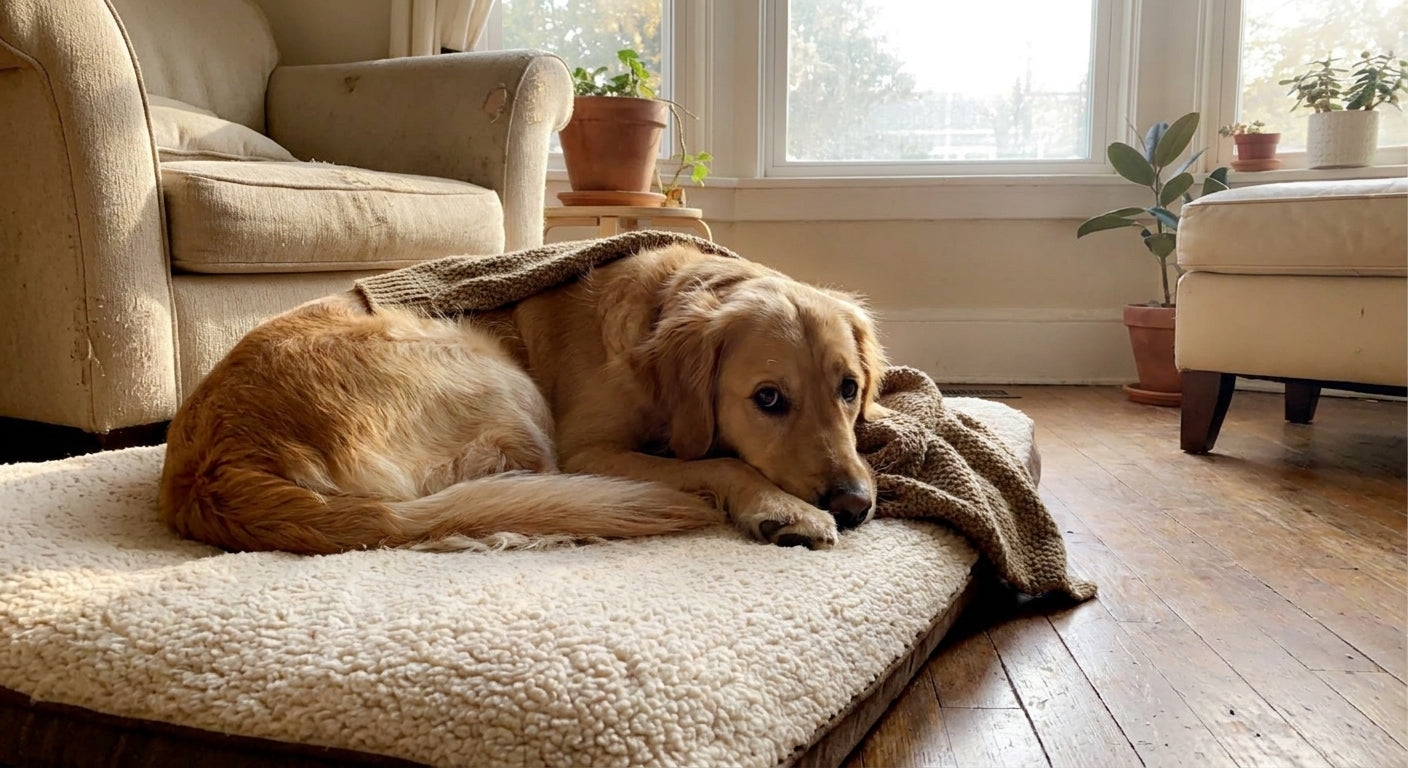 A golden retriever with a wide-eyed, slightly anxious expression curled up on a plush dog bed in a warm, sunlit living room.
